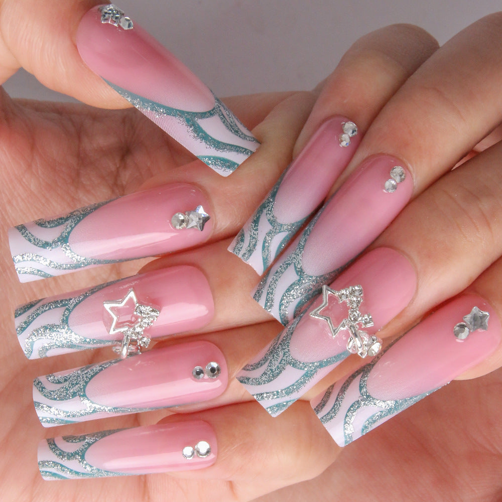 Celestial Glamour Long Square Pink and White Glittery Wavy Press-On Nail Set with Star Accents