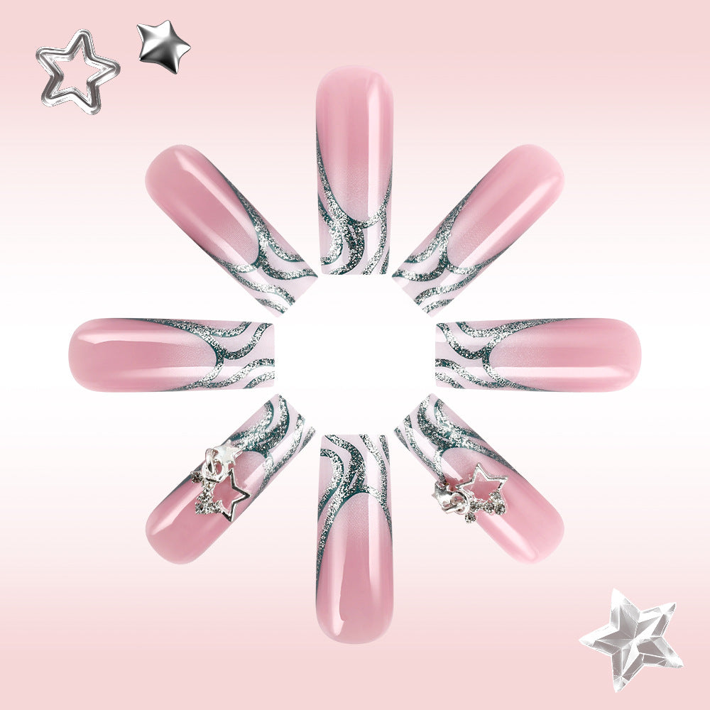 Celestial Dream Pink Long Square Press On Nail Set with Glittery Silver Swirls and Charming Star Embellishments