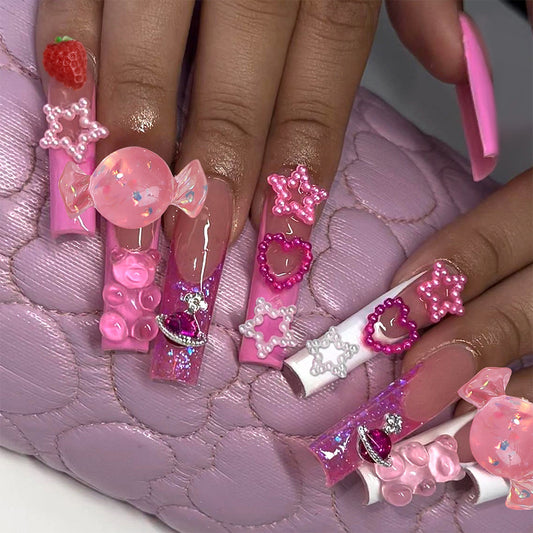 Sweet Dreamy Glamorous Long Square Pink Star and Candy Themed Press-On Nail Set with Unique Shimmering Decorations
