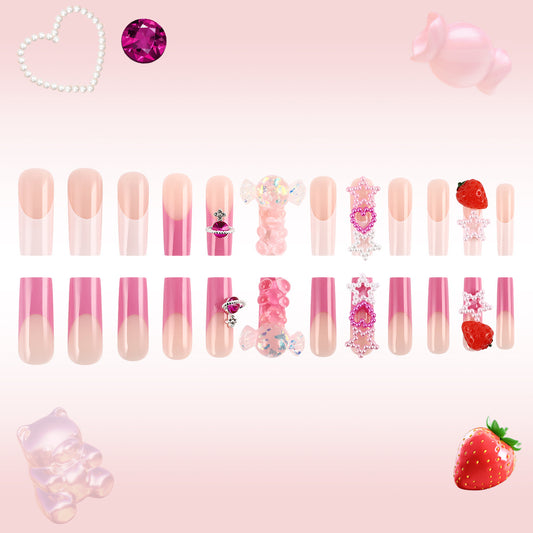 Sweet Candy-Inspired Long Square Pink Nail Set with Cute Adornments