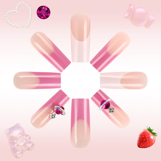 Sweet Romance Long Square Pink Gradient Press-On Nail Set with Adorable Accessories