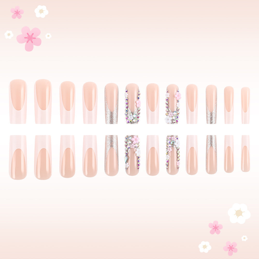 Blossom Inspired Elegant Long Square Shaped Beige Press On Nail Set with Glamorous Gemstone Embellishments