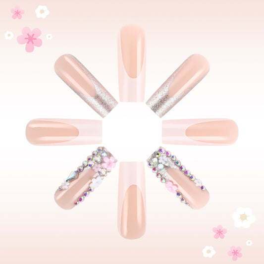 Blossom Elegance Long Square Soft Pink with Sparkling Accents and Gemstone Embellishments Press on Nail Set