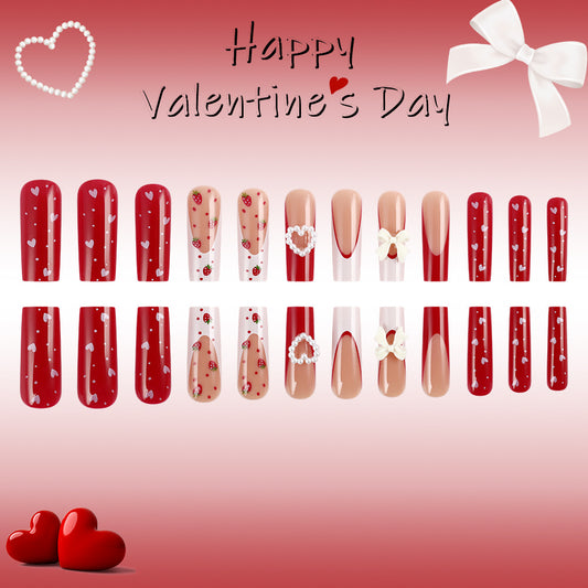 Romantic Love Theme Long Square Red Press On Nail Set with Heart and Floral Designs