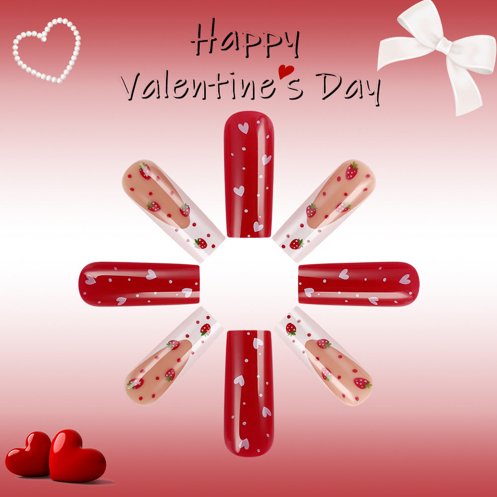 Romantic Red Heart Design Long Square Press on Nail Set with Lovely Strawberry Accents