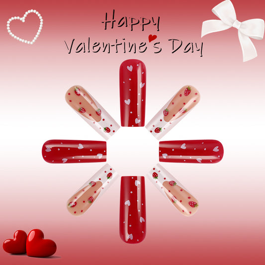 Romantic Red Heart Design Long Square Press on Nail Set with Lovely Strawberry Accents