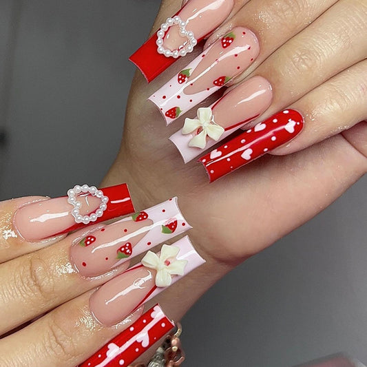 Charming Strawberry Delight Long Square Red and Pink with Heart and Bow Accents Press-On Nail Set