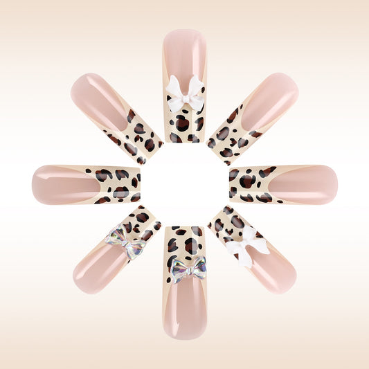 Fierce Leopard Dream Long Square Beige with Flirty Bows Press On Nail Set