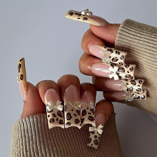 Savanna Chic Long Square Beige with Leopard Print and Charming Bow Accents Press on Nail Set
