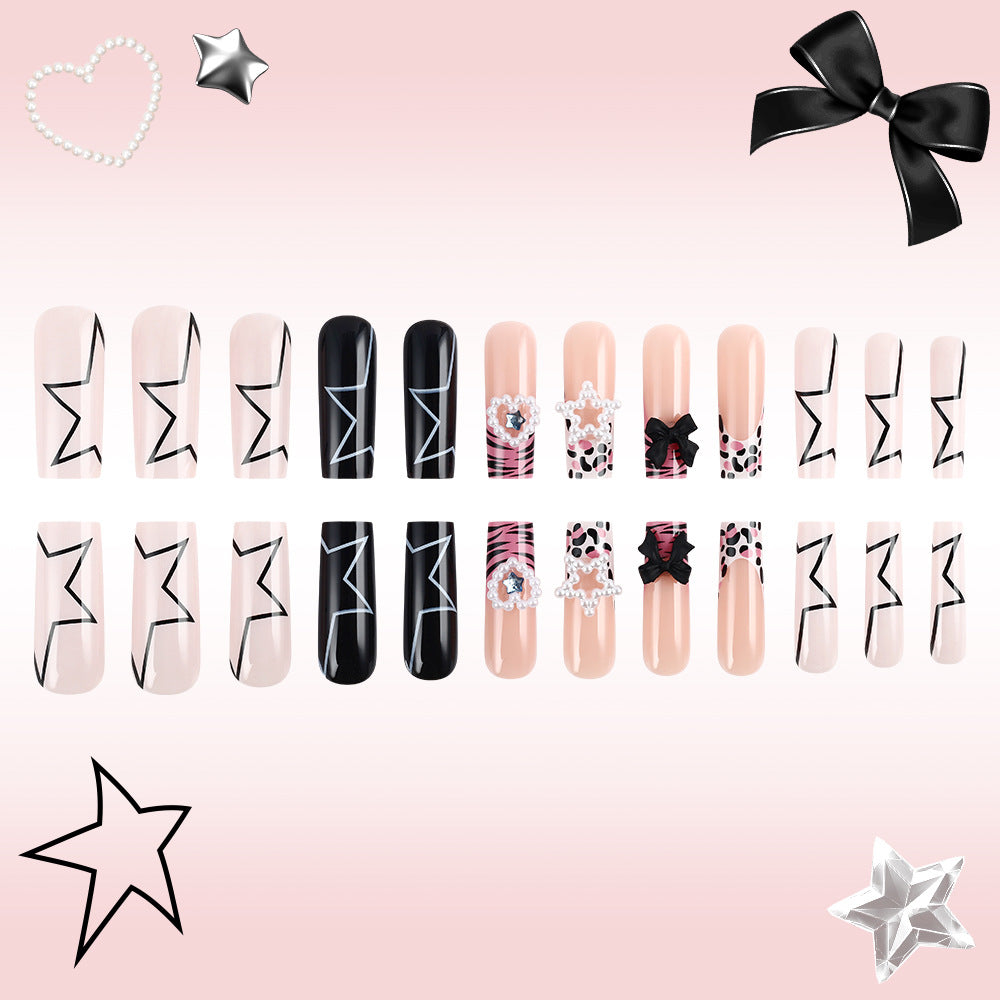 Starry Night Elegance Long Square Blush Pink and Black Press on Nail Set with Chic Graphic Designs and Charming Embellishments