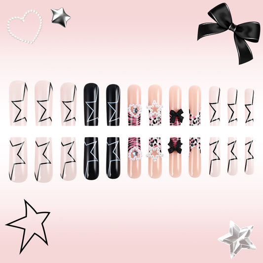 Starry Night Elegance Long Square Blush Pink and Black Press on Nail Set with Chic Graphic Designs and Charming Embellishments