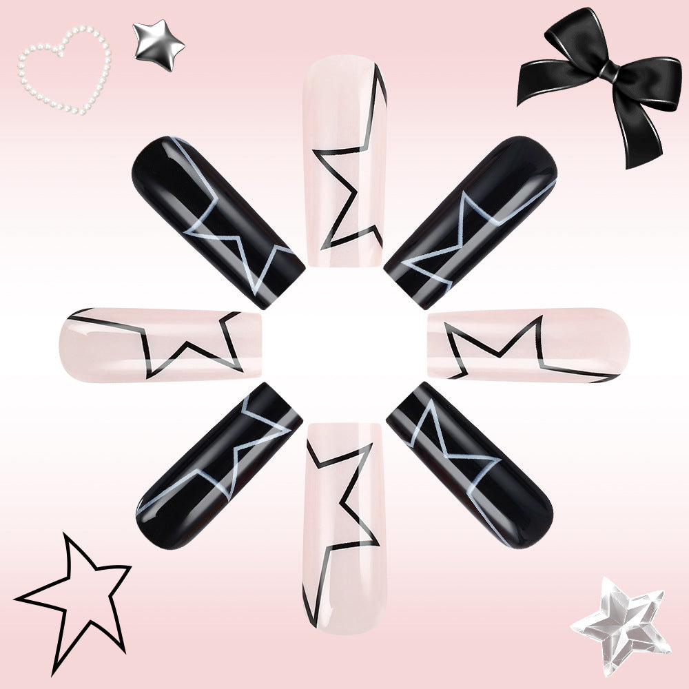 Starry Night Dreamy Long Square Black and Blush Dual Toned Nail Set with Glamorous Star Accents
