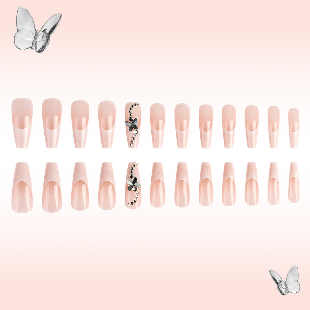 Butterfly Dream Long Coffin Blush Pink Press On Nails with Elegant Floral Accent