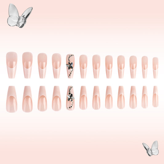 Butterfly Dream Long Coffin Blush Pink Press On Nails with Elegant Floral Accent