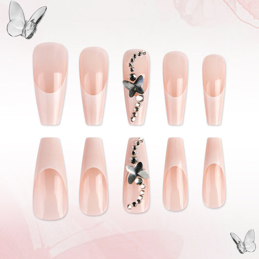 Butterfly Kiss Long Coffin Blush Pink Press-On Nail Set with Unique Butterfly Accent