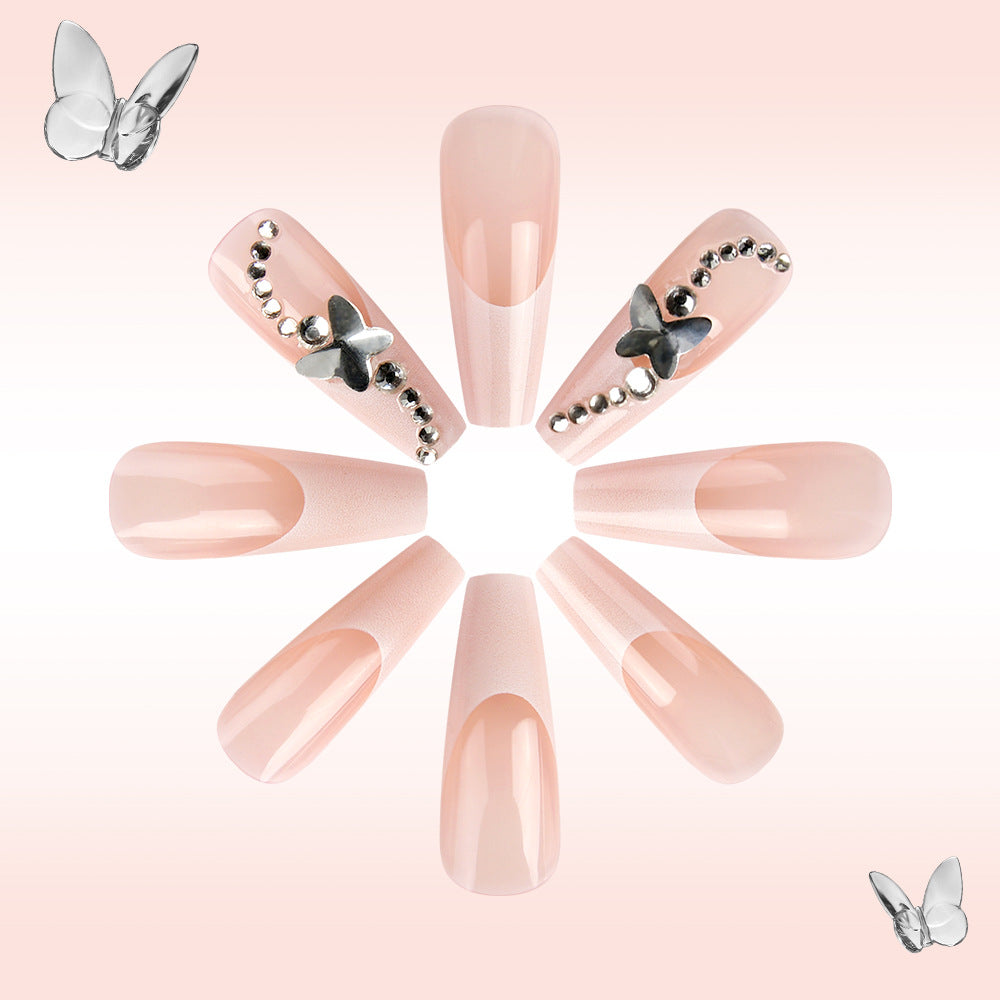Whimsical Butterfly Inspired Glossy Long Coffin Pink Nail Set with Metallic Accents