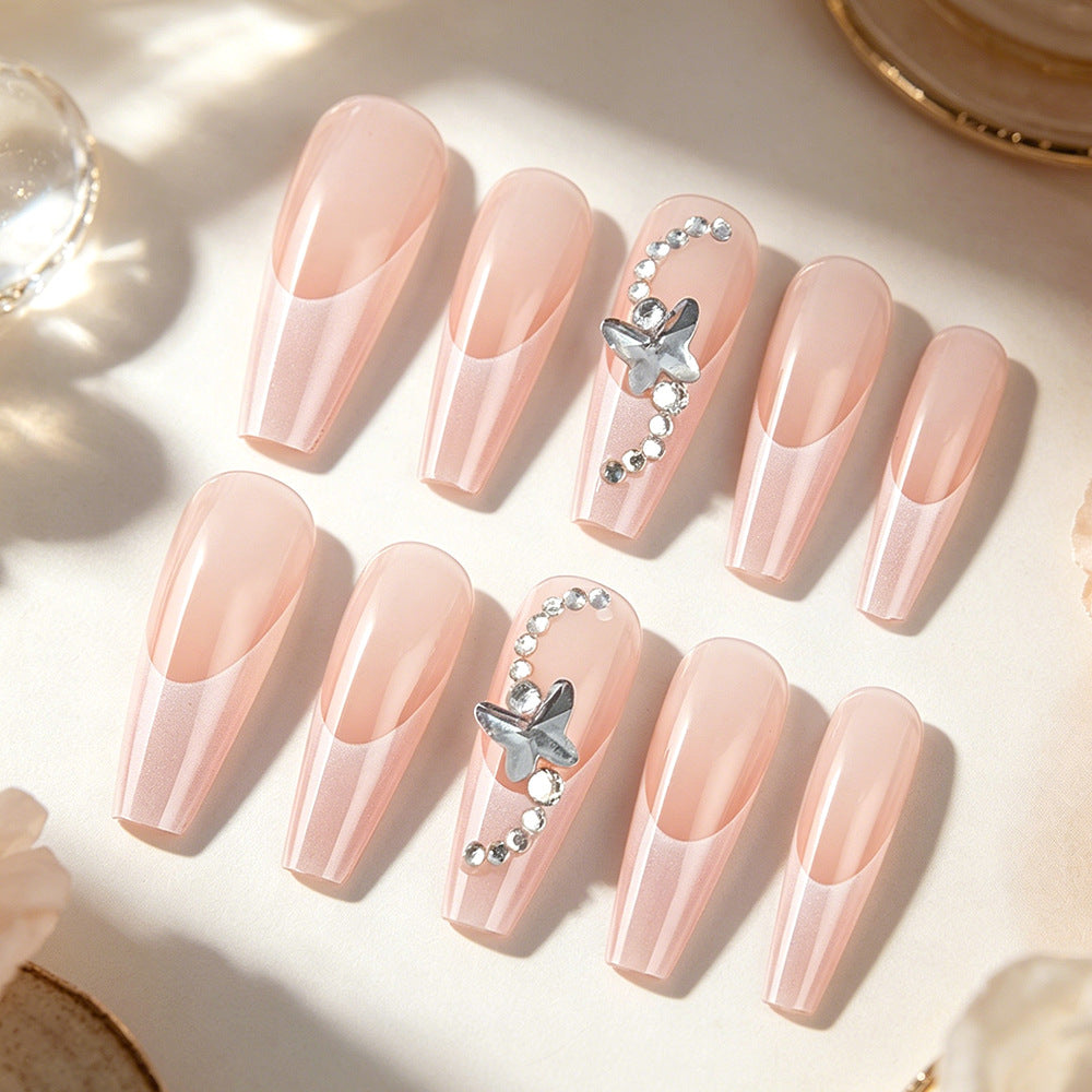 Dreamy Elegance Long Coffin Pink Press On Nail Set with Charming Butterfly Accent