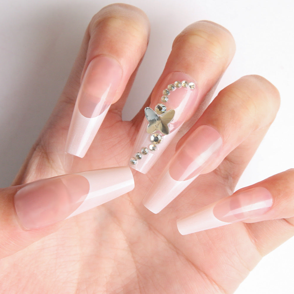 Elegant Butterfly Dreams Long Coffin Acrylic Nails Clear with Shimmering Gemstone Accents