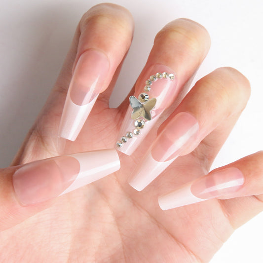 Elegant Butterfly Dreams Long Coffin Acrylic Nails Clear with Shimmering Gemstone Accents