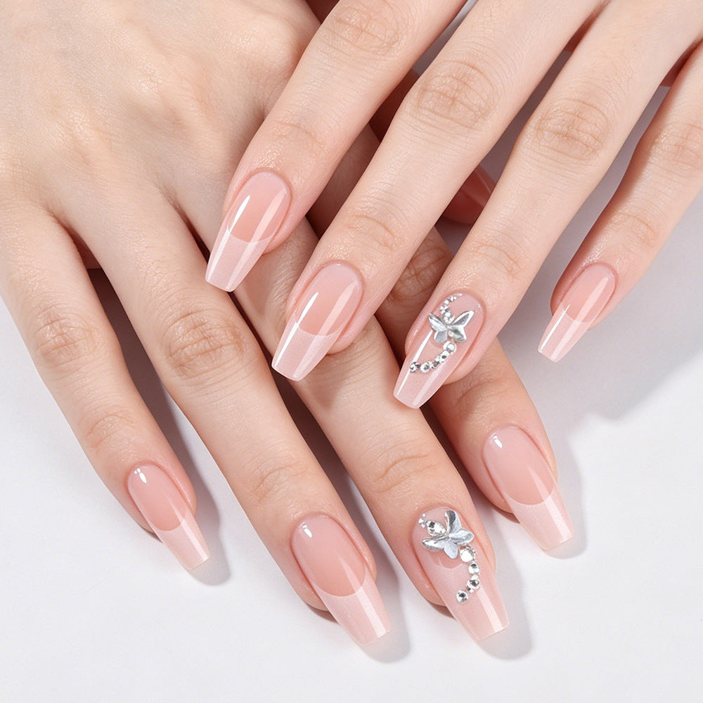 Elegant Fairy Tale Long Coffin Pink Press On Nail Set with Stylish Gem Accents