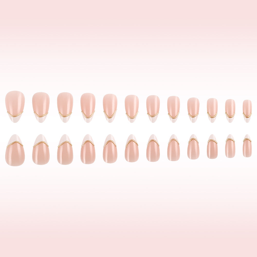 Elegant Rose Gold Chic Short Almond Shaped Press On Nail Set in Soft Pink with Glamorous Gold Accent