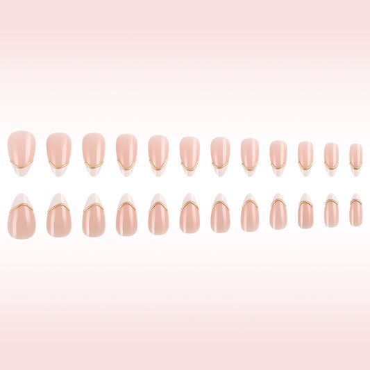 Elegant Rose Gold Chic Short Almond Shaped Press On Nail Set in Soft Pink with Glamorous Gold Accent