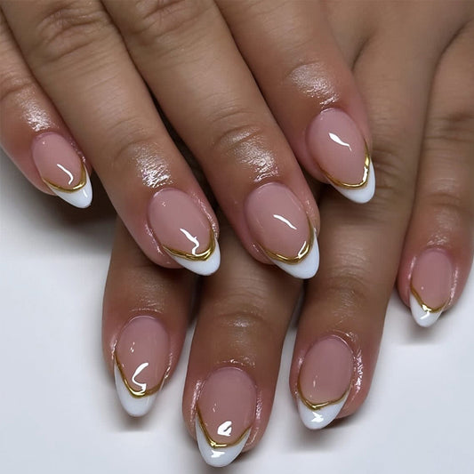 Elegant Peacock Inspired Short Almond White and Gold Trimmed Press On Nail Set