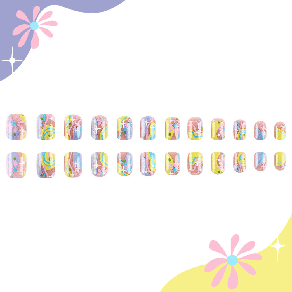 Whimsical Spring Dreams Short Square Pastel Floral Pattern Press On Nail Set