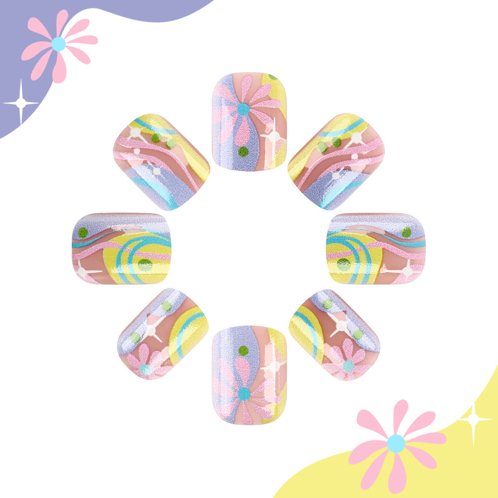 Whimsical Floral Vibes Short Square Pastel Press on Nail Set with Radiant Colorful Patterns
