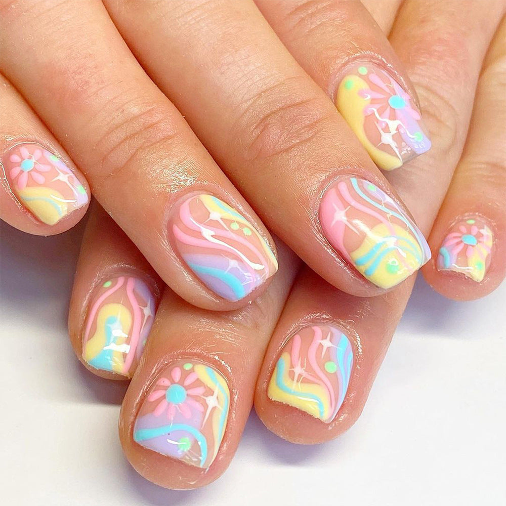 Bohemian Bliss Short Square Pastel Colors with Whimsical Floral Design Press On Nail Set