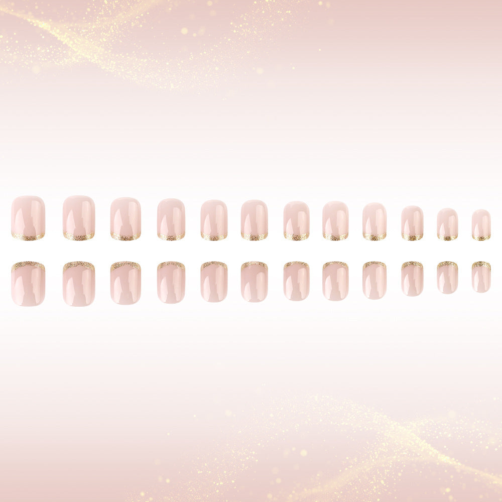 Glamorous Elegance Short Square Blush Pink with Sparkling Gold Tips Press On Nail Set