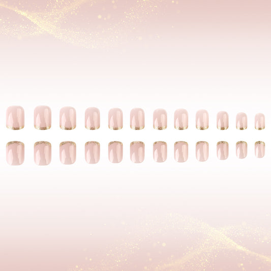 Glamorous Elegance Short Square Blush Pink with Sparkling Gold Tips Press On Nail Set