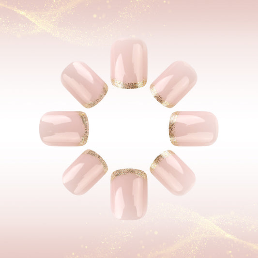 Glamorous Chic Short Square Press On Nail Set Soft Pink Color with Sparkling Gold Tip Finish