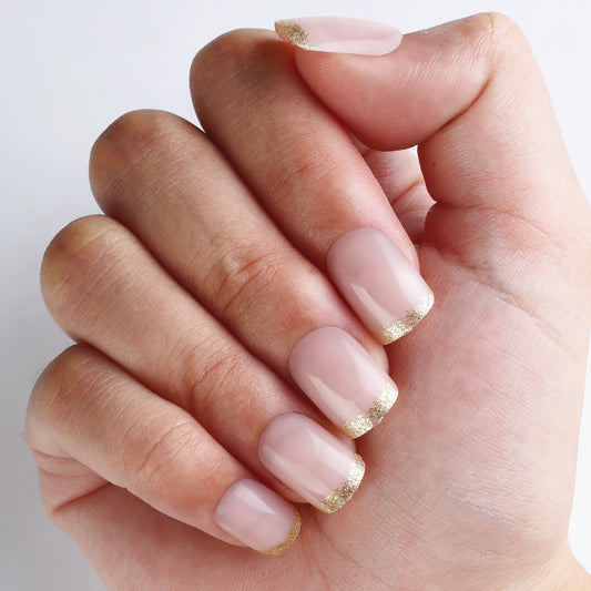 Elegant Fairy Tale Short Square Pink Nails with Glitter Tips and Glossy Finish