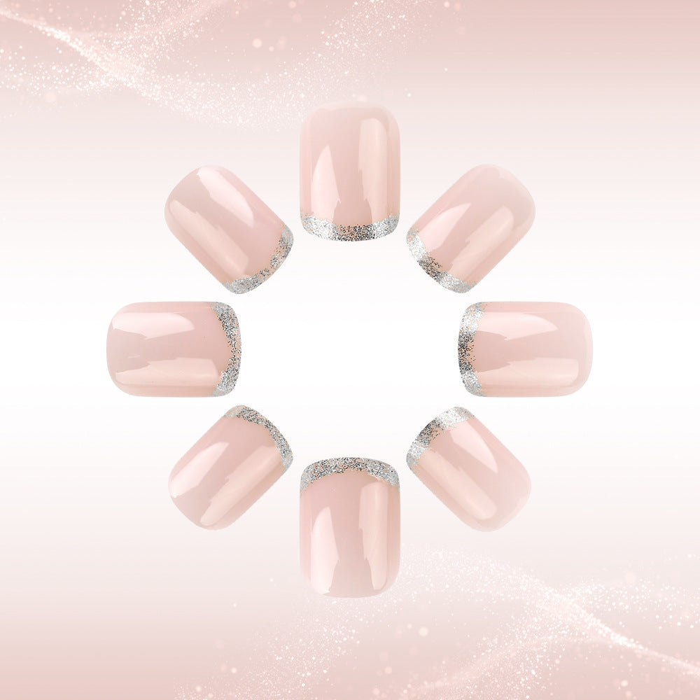Glamorous Elegance Short Square Pink Nails with Sparkling Silver Tips