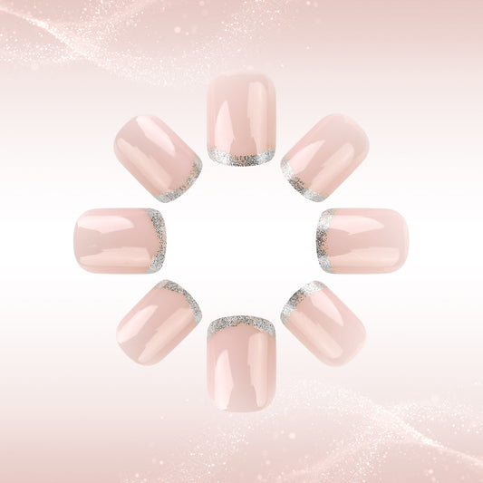 Glamorous Elegance Short Square Pink Nails with Sparkling Silver Tips