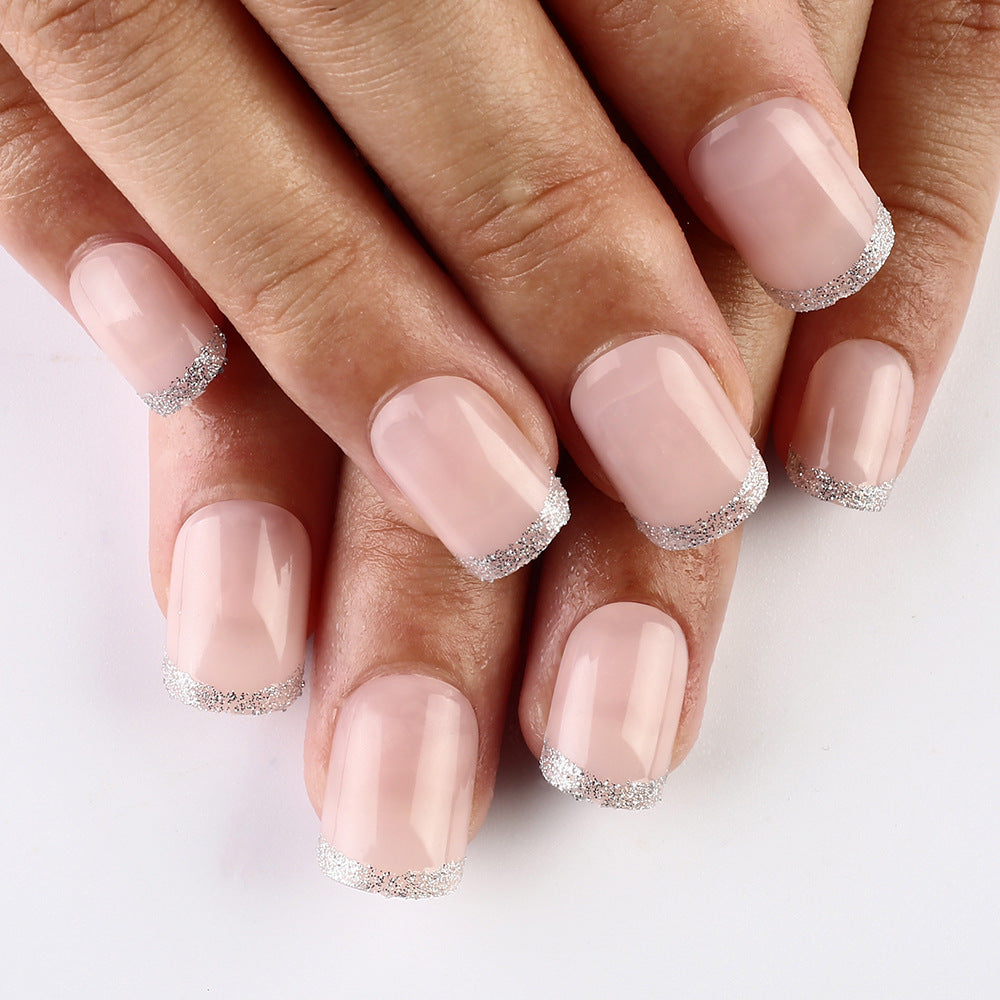 Glamorous Elegant Medium Square Soft Pink Nails with Glittery French Tips Press-On Set