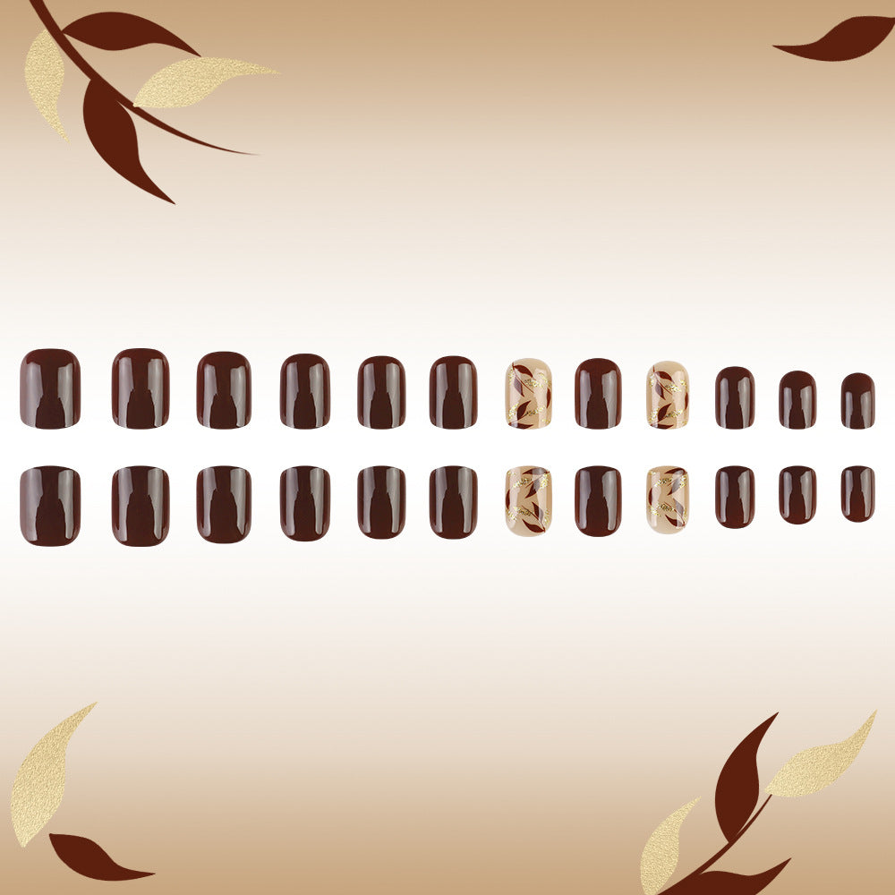 Autumn Elegance Medium Square Burgundy Press On Nail Set with Glossy Finish and Unique Leaf Design