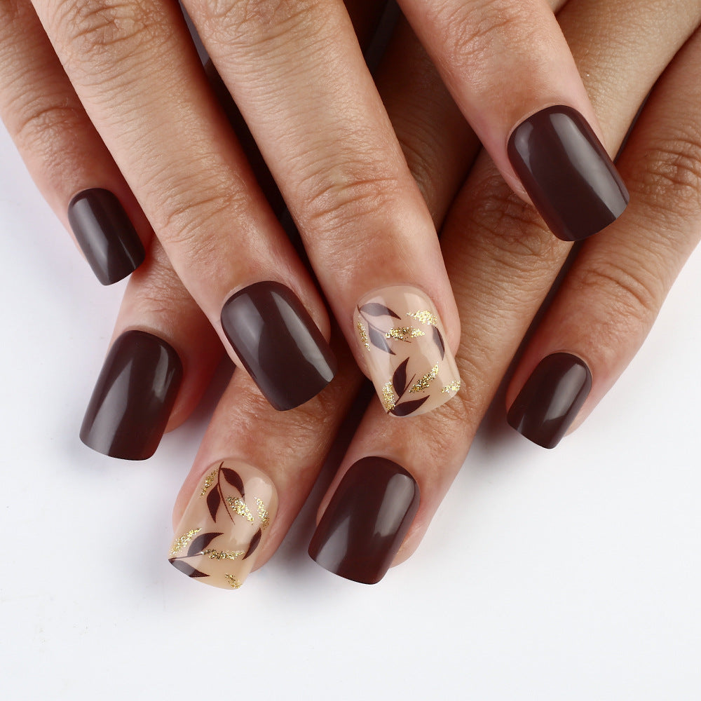 Autumn Elegance Medium Square Deep Chocolate Brown with Gold Leaf Accent Press-On Nail Set