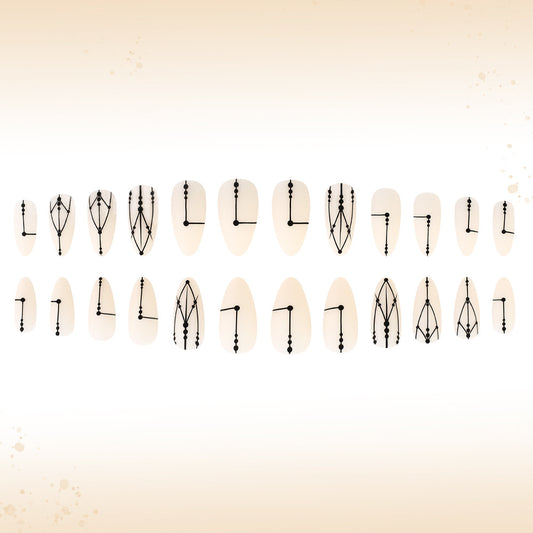 Mystical Geometry Press On Nail Set Medium Almond Ivory with Daring Black Detailing