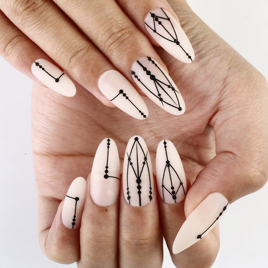 Elegant Geometry Long Almond Shaped Soft Pink Press On Nails with Intricate Black Pattern Design
