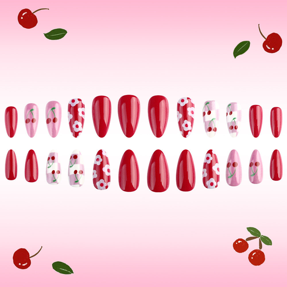 Cherry Delight Glossy Medium Almond Shaped Red and Pink Floral Press On Nail Set