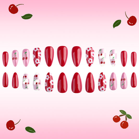 Cherry Delight Glossy Medium Almond Shaped Red and Pink Floral Press On Nail Set