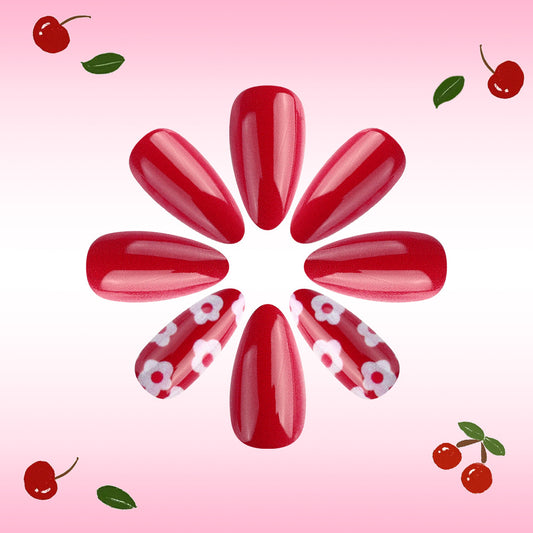 Cherry Blossom Delight Medium Almond Shaped Cherry Red Press On Nail Set with Floral Accent
