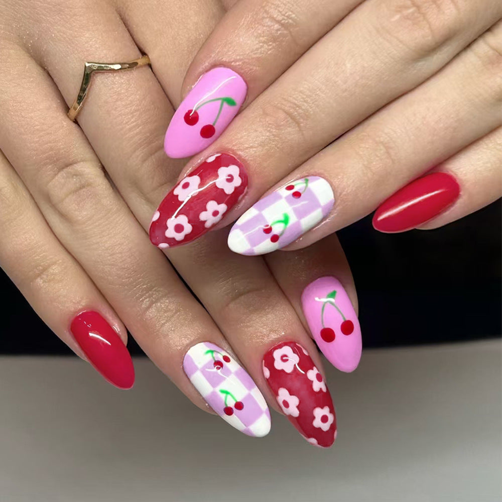 Cherry Blossom Delight Medium Almond Red and Pink with Floral and Checkerboard Design Press-On Nail Set