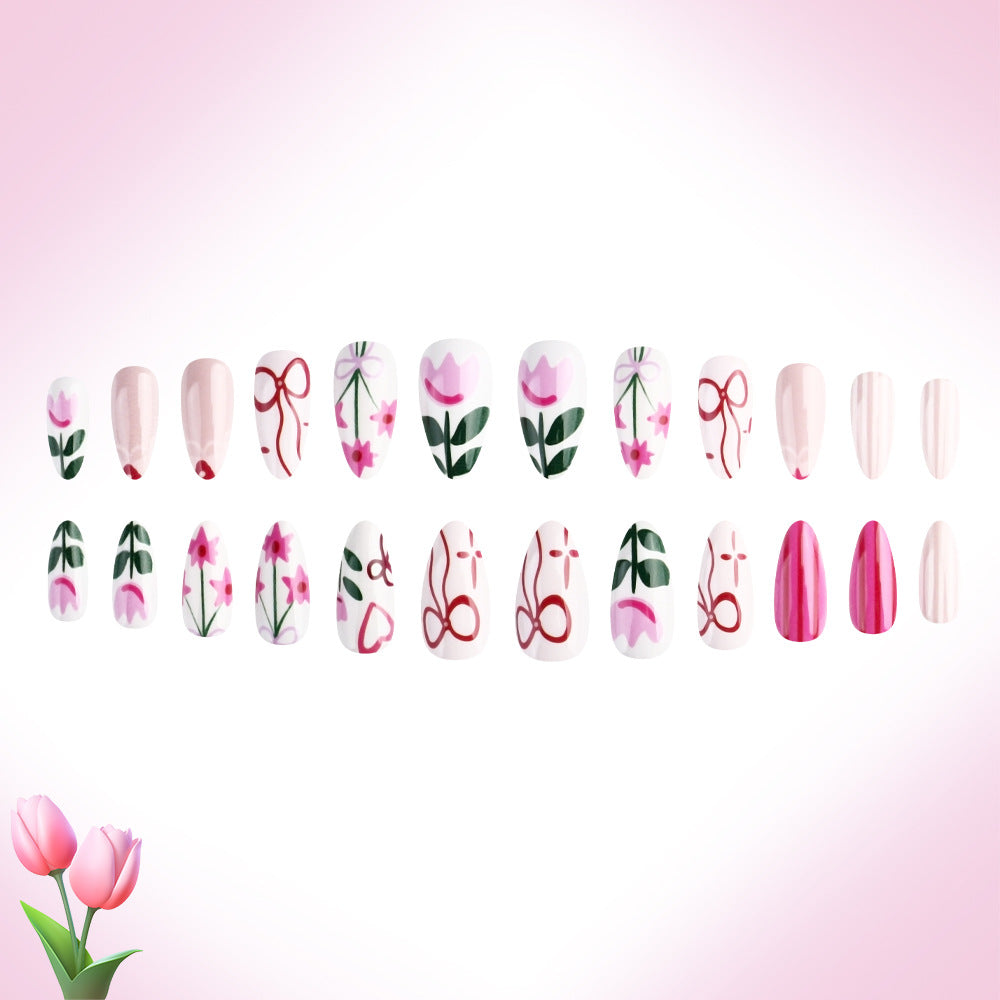 Charming Garden Collection Medium Almond Pink Floral Design with Glossy Accents Press-On Nail Set