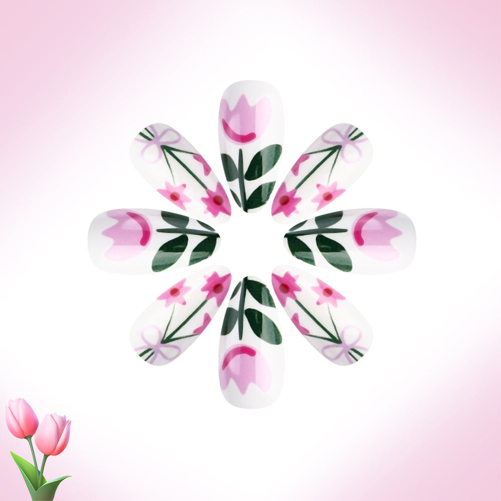 Spring Blossom Elegant Medium Almond Pink Floral Art Press-On Nail Set