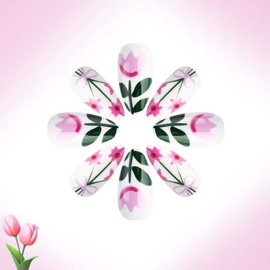 Spring Blossom Elegant Medium Almond Pink Floral Art Press-On Nail Set