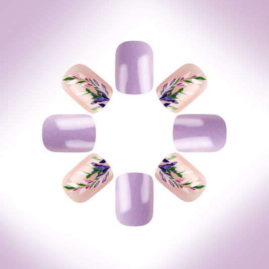 Whimsical Garden Lavender Short Square Floral Press On Nail Set