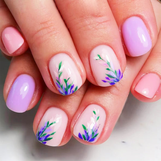 Lavender Dream Short Square Pastel Pink with Botanical Art Design Press-On Nail Set